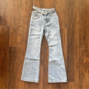 Oh Polly petite cross over mid rise flared jeans